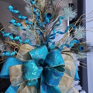 Peacock Christmas Tree Topper, Blue and Gold Tree Topper, Christmas Tree Decor.